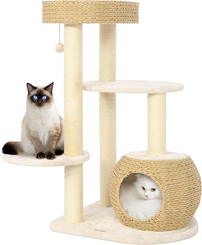KAMABOKO 39 Inch Modern Cat Tree for Indoor Cats, Solid Wood Cat Tower with Natural Sisal Scratching Posts, Hand-Woven Cat Condo & Top Perch