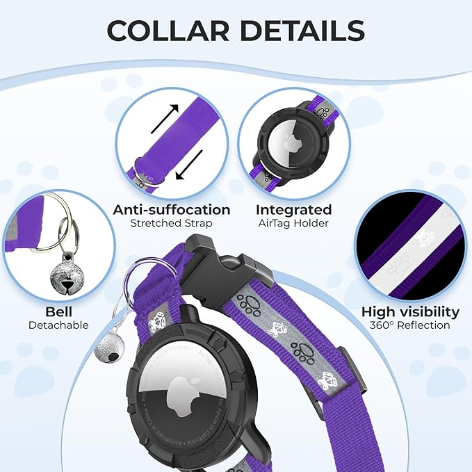 Breakaway AirTag Cat Collar, Reflective Cat Tracker Collar with Air Tag Holder and Bell, Safety Elastic Band Cat GPS Collars for Girl Boy Cats, Kittens and Puppies (Purple, 8-13'')