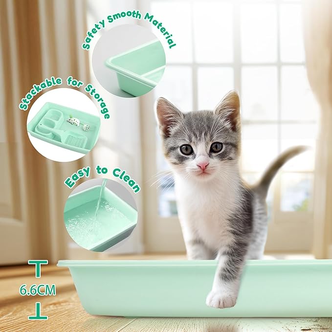 Green Cat Litter Box Set, Small Cat Kitten Starter Kit with Litter Scoop, Cat Bowl, Kittens Toy; Heated Cat Bed Indoor, Microwavable Heating Pads for Cats with 2 Cozy Covers