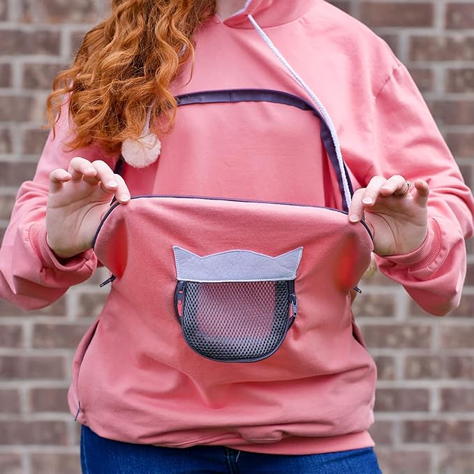 ALYC Unisex Hoodies Pet Holder Cat Dog Large Pouch Carriers Pullover with Cat Printing Sweatshirt (Light pink-L)