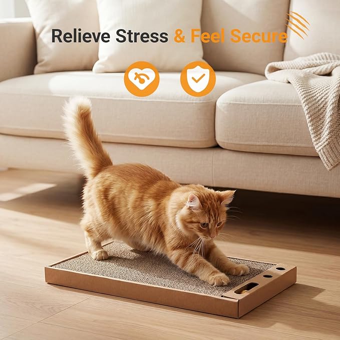 Novabright 6 Pcs Cat Scratching Board with Bell Reversible Cardboard Scratcher Wide Cat Scratch Pads Ball Durable Corrugated Scratch Box Bed for Indoor Kitten Playing Rest Sleep and Protect Furniture