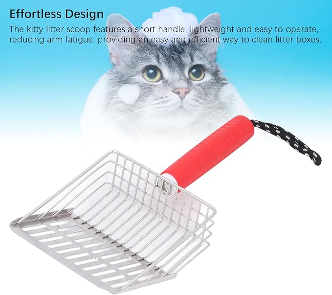 Cat Litter Scoop, Removable Handle Cat Litter Sifter, Stainless Steel Fast Filtration Cat Litter Shovel for Kitten Cat Dog Poop (Red)