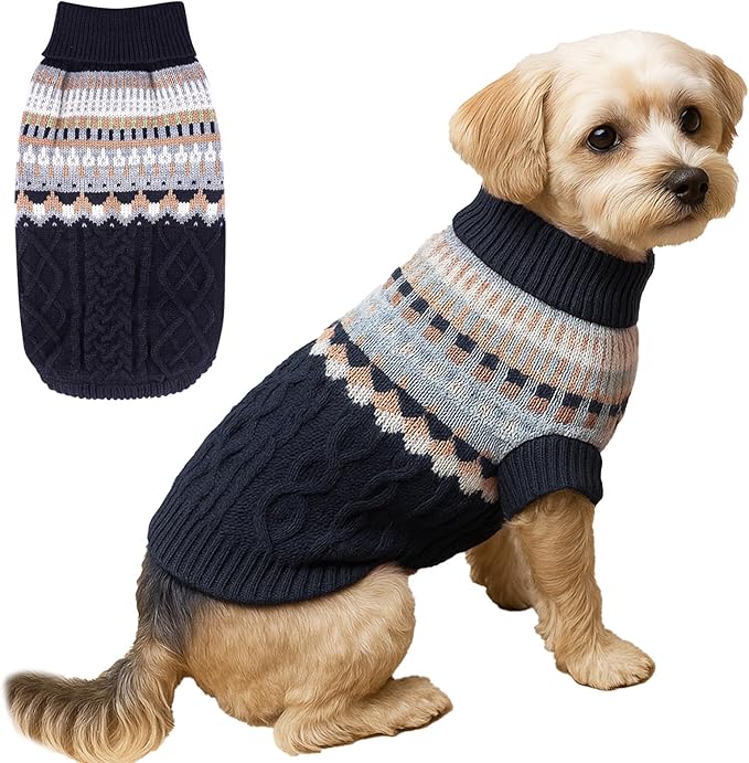 Knit Dog Sweater Turtleneck Cat Cold Weather Pullover Pet Vintage Cable Thick Warm Winter Clothes for X Small Dogs Cats Medium Pug Dachshund Yorkie (Navy, Small)