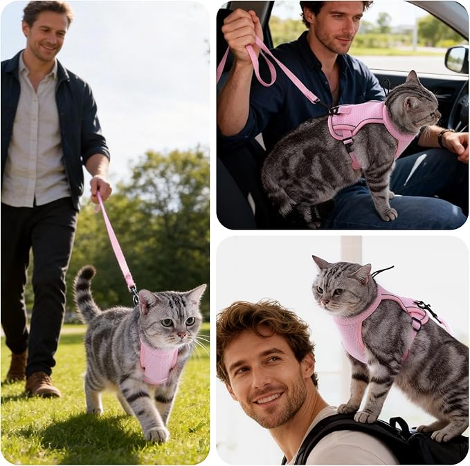 LIANZIMAU Cat Harness and Leash Escape Proof,Adjustable Cat Harness for Outdoor Walks with Reflective Strip, Lightweight and Soft Mesh Vest