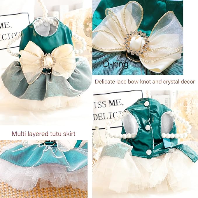 ANIAC Retro Dog Tulle Dress with Leash Ring Spring Summer Girl Puppy Clothes for Small Dog Cat Apparel Formal Pet Prom Dress for Christmas Wedding Birthday Valentines (Green,Large)