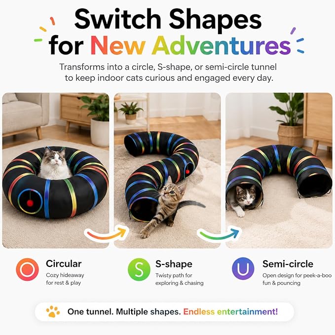 Cat Tunnel Toy with Plush Ball & Cat Wand Feather Toys-Portable Tattaff Waterproof Washable-Interesting Pattern Collapsible Black Rainbow