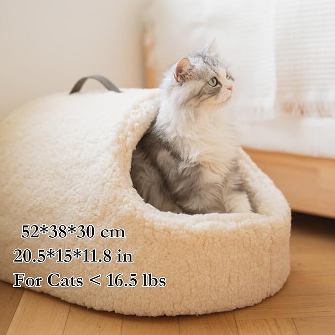 Cat Sherpa Cradle Cave, Plush Snuggle Winter Portable Warm Nest with Handle, Foldable Travel-Friendly Bed for Car and Home (Snow)