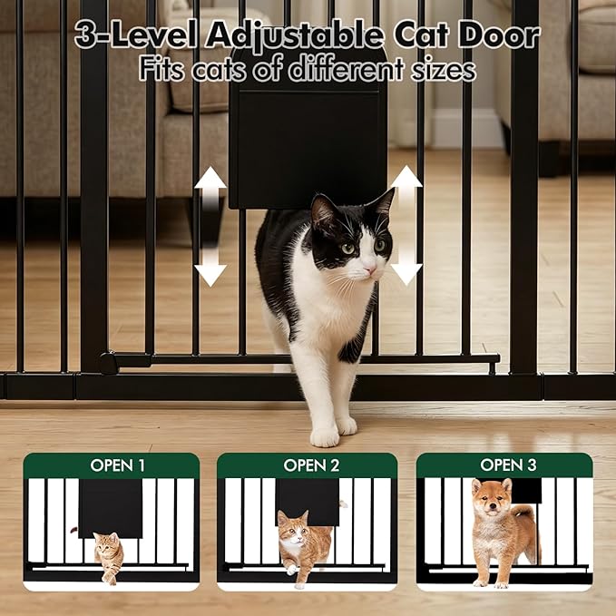 Metal Pet Gate with Cat Door, Adjustable Dog Gate for Doorways & Stairs, Pressure Mounted, Auto-Close, No Tools Needed, 31-46 Inches, Black