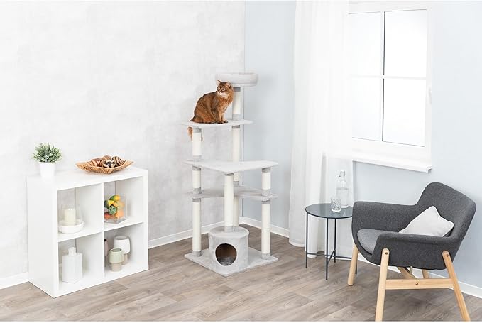 TRIXIE Seli Cat Tree – Cat Tower with Sisal Posts, Condo, Padded Platforms & Hanging Toy – Cat Furniture for Indoor Cats – Gray, 21.1" x 21.1" x 59.1"