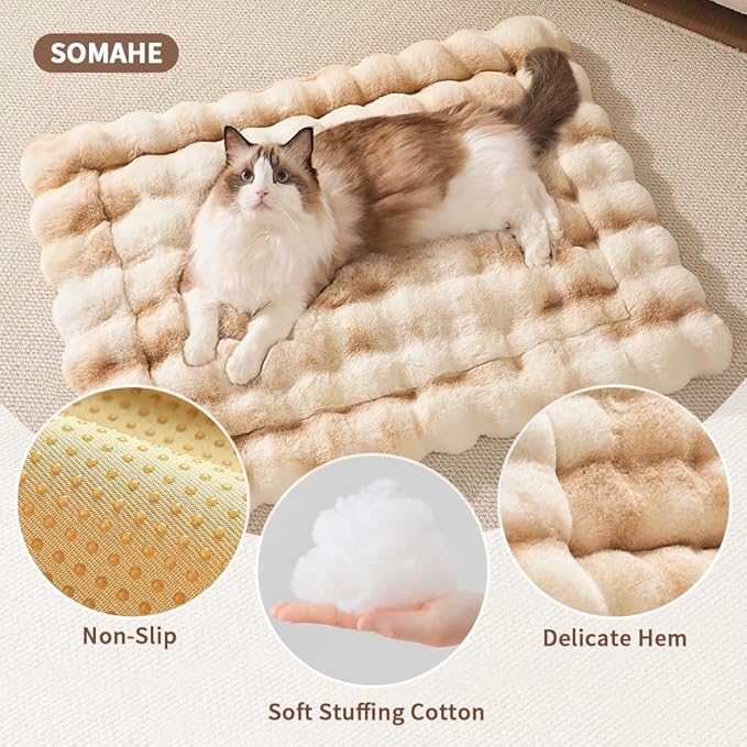 SOMAHE Cat Bed, Plush Faux Fur Kneading Flat Mat - Machine Washable Fluffy Pet Bed for Indoor Cats, Non-Slip Small Kitten Bed, Therapeutic Knead Cat Mat for Couch & Window Sill, 23"×15" Inch,Camel