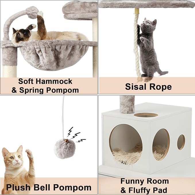Timberer Cat Tree with Litter Box Enclosure, 2-in-1 Cat Tower for Indoor Cats, Large Wood Cat Condo with Basket, Scratching Posts, Pompoms, White