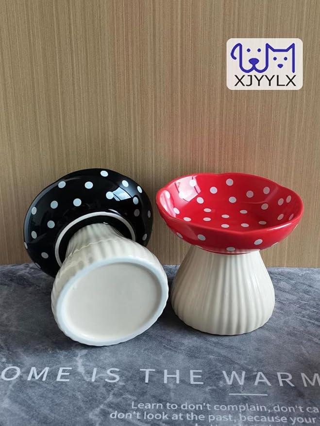 Mushroom Elevated Cat Bowls Ceramic, Raised Cat Bowl for Indoor Cats, Cute Whisker Fatigue Cat Bowl, Raised Dog Bowls Stand for Food and Water, Black 6" Wide for Adult Cats