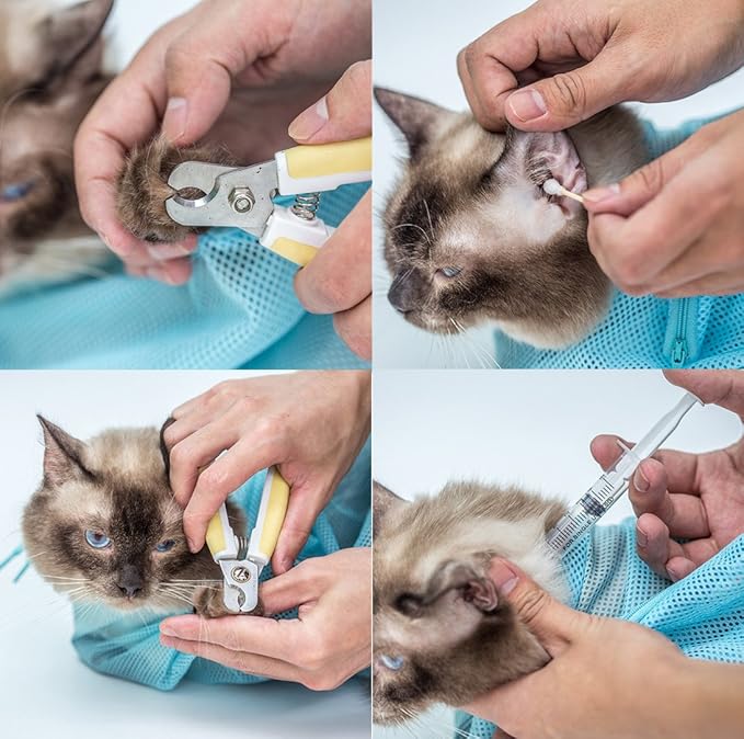 Adjustable Multifunctional Polyester Cat Washing Shower Mesh Bags Pet Nail Trimming Bags (Blue)