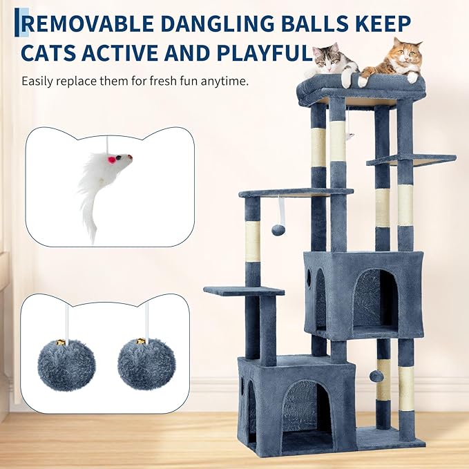 61.4 Inch Cat Tree, Large Cat Tower with Sisal Scratching Posts, 2 Spacious Cat Beds, Hanging Ball & Top Perch, Ideal for Large Indoor Adult Cats, Light Blue