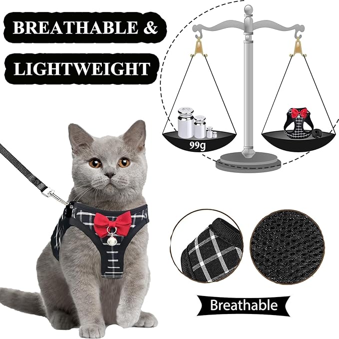 Cat Leash and Harness Set,Breathable Dog Harness,Pet Harness,Adjustable Mesh cat Harness and Leash Escape Proof for Puppy Cat Rabbit (Black, L)