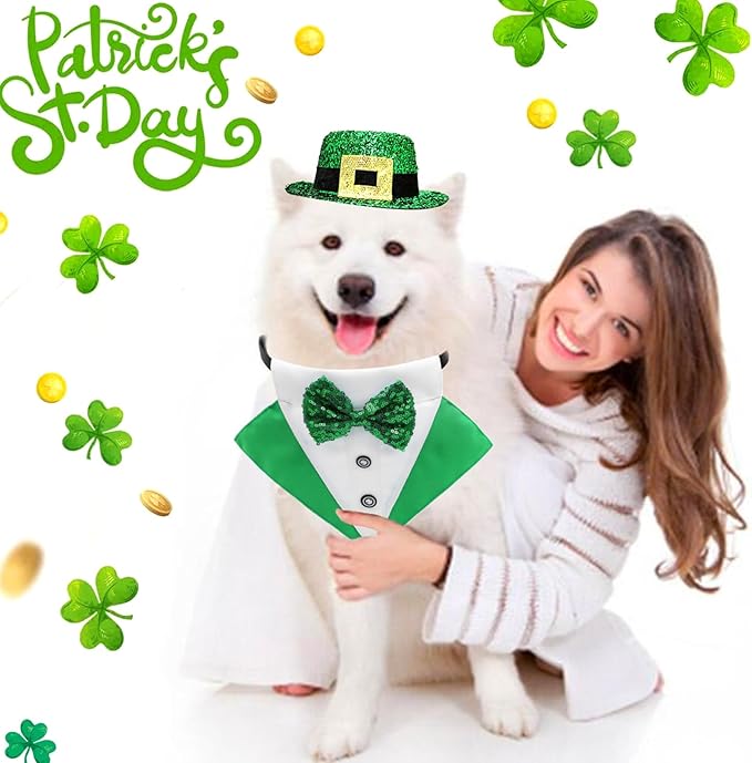 St.Patrick's Day Dog Costume 3Pack Puppy Bandana Top Hat Green Shamrock Bow Tie Collar Adjustable Pet Scarf Formal Tux Clothes Irish Tuxedo Outfits for Dogs Cat Dress (3Pcs Irish Hat Tux Bow, Large)