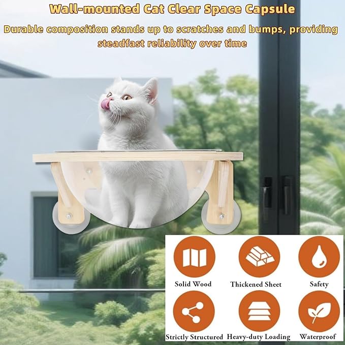 Clear Cat House, Wall-Mounted Wooden Cat Space Capsule Cat Bed Kitten Walls Shelves for Sleeping Playing Climbing and Lounging, Easily Holds Up to 16.5 Lbs, Cat Furniture for Indoor