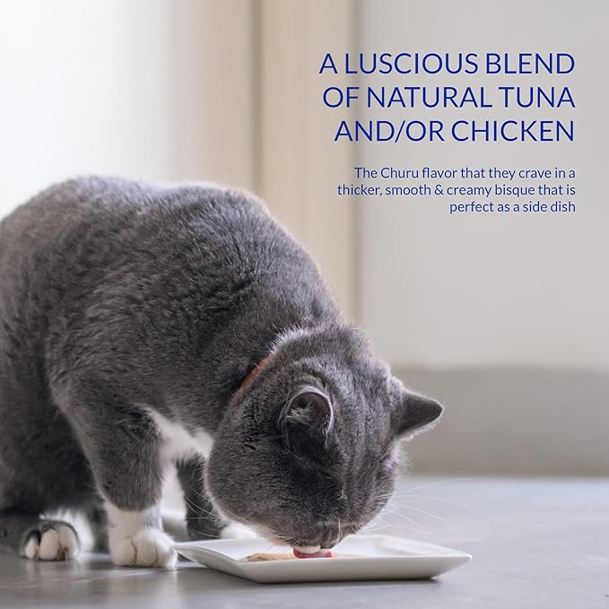 INABA Churu Bisque for Cats, Creamy Lickable Purée Side Dish with Vitamin E, 1.4 Ounces per Pouch, 24 Pouches, Tuna Recipe