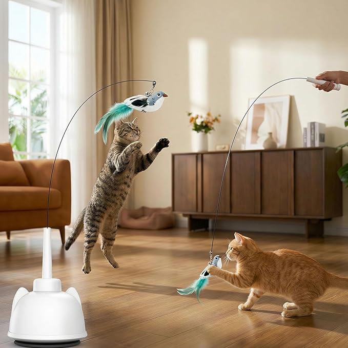 2 in 1 Electric Cat Wand Toy Interactive Cat Toys for Indoor Cats 360° Flying Bird Cat Toy, 2-Speed Fly Cat Chase Toy Automatic Cats Toys with Self ON/Off Suction Cup Electric Cat Teaser Wand