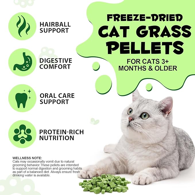 Freeze-Dried Cat Grass Pellets, High Protein 60% for Hairball Control & Digestive Health, Grain-Free Cat Supplements with Chicken & Fish Oil, Crunchy Bites for Cats 3+ Months