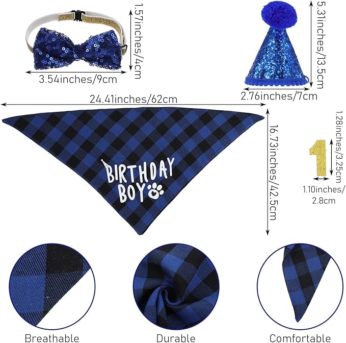 Xindojuz 1 Set Cat Birthday Hat Decorations, Adjustable Cat Birthday Hat with Number Bow Tie Bandana Collar for Cats Dogs Pet Kittens Apparel Christmas Party Outfits Supplies (Blue)