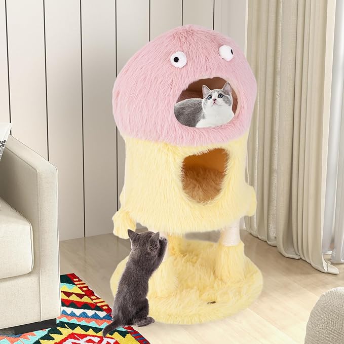 Tangkula Monster-Themed Cat Tree, 3-Level Cat Tower Activity Center with 2-Story Cat Condo, Sisal Scratching Posts & Hanging Toys, Long Plush Cute Cat Tree Tower for Indoor Cats (37 Inch)
