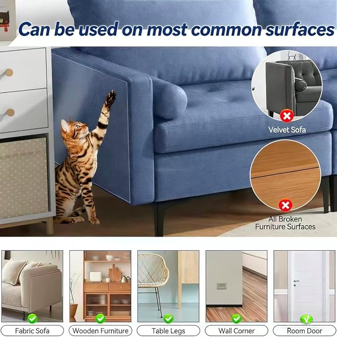 Cat Scratch Furniture Protector 12 Pack with 50 Pins — 0.15mm Thick Sheets, Dual-Size 8×(17"x12") + 4×(17"x6"), Clear Anti Scratch Deterrent for Couch Sofa, Residue-Free MSDS Safe