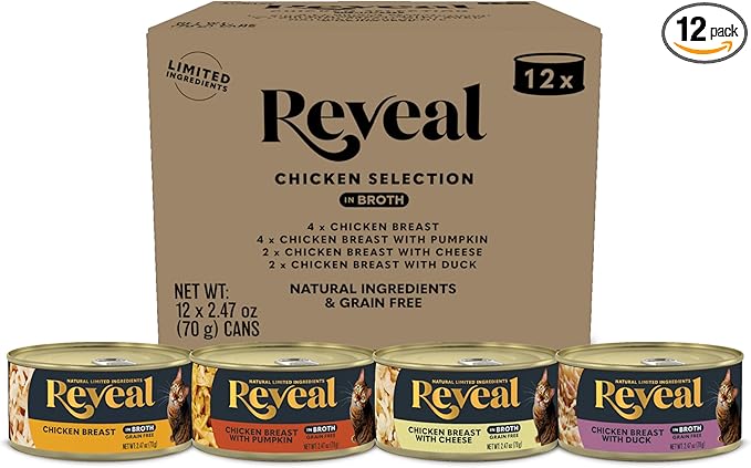 Reveal Natural Wet Canned Cat Food, 4-Flavor Variety Pack, Limited Ingredient, Grain Free, High Protein with No Artificial Additives, Chicken Variety in Broth (12 x 2.47 oz Cans)