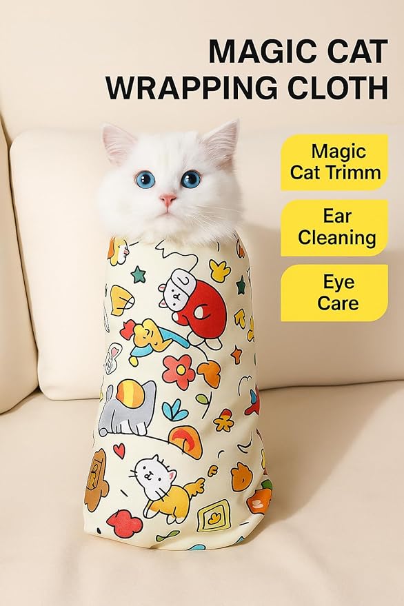 Cat Wrap for Nail Trimming, Magic Grooming Blanket Anti-Scratch Restraint Bag for Cats, Self-Adhesive, Breathable Fabric, Anti-Escape Swaddle for Vet Visits (XX-Large)