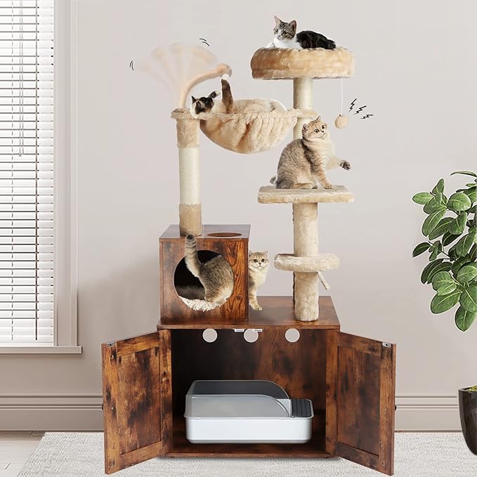Timberer Cat Tree with Litter Box Enclosure, 2-in-1 Cat Tower for Indoor Cats, Large Wood Cat Condo with Basket, Scratching Posts, Pompoms, Rustic Brown