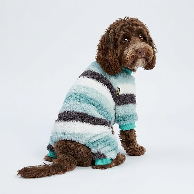 Fitwarm Fuzzy Striped Dog Fleece Pajamas, Warm Winter Clothes for Small Dogs Boy Girl, Cozy Pet Onesie with Feet, Light Sea Green, Black, White, XS