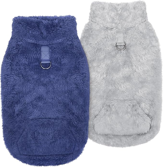Idepet Fleece Dog Sweater Vest 2 Pack, Small Dog Clothes Sleeveless with Leash Ring and Pocket, Warm Puppy Sweatshirt Pet Cold Weather Pullover for Cats (Grey+Navy, X-Large)
