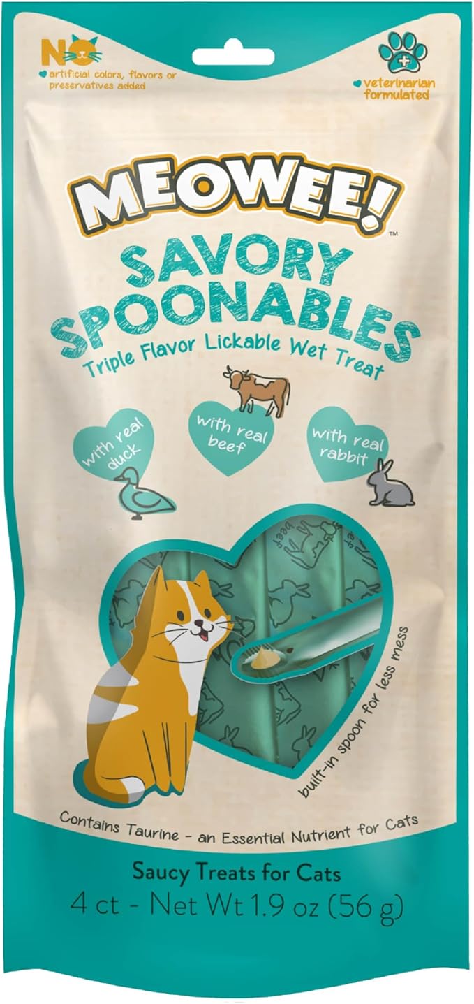 MEOWEE! Savory Spoonables with Real Duck, Beef and Rabbit for Cats, 4 Count, Treat Your Cat to Triple Flavor Squeezable Lickable Wet Treats with Built-in Spoon for Less Mess
