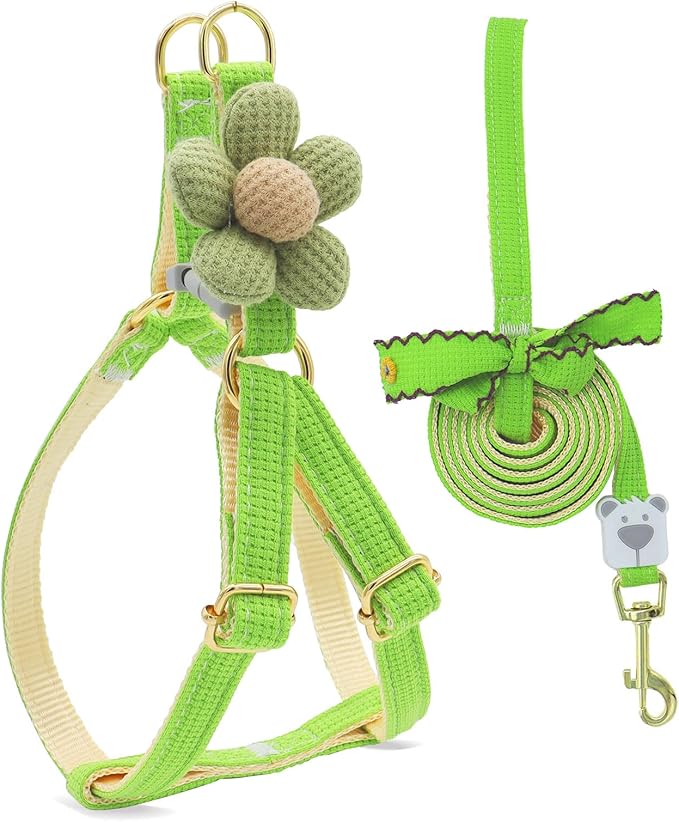 PETCARE Cute Flower Dog Harness and Bowtie Leash Set Easy Walk Puppy Dog Halter Harnesses for Small Dogs Boy Step in Dogs Harness with Buckle (Green, Chest Adjustable 11"-17", Rope Width 0.59")