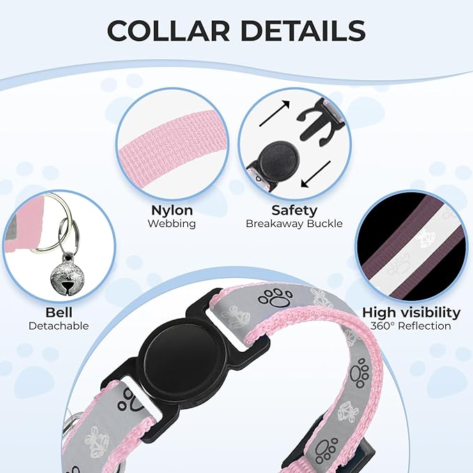 Cat Collar Breakaway, Reflective Kitten Collar with Bell, Safety Buckle Kitten Collar, Lightweight, Adjustable, Comfortable, Suitable for Boy Girl Cats (7"-13") Pink
