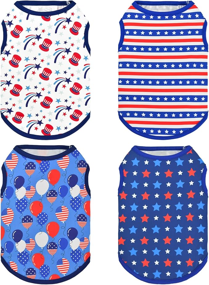 4-Pack Patriotic Dog Tank Tops 4th of July USA Flag Star Stripe Puppy Sleeveless Outfits America 250th Anniversary Pet Shirts for Small Medium Puppy Dogs Cats XXL