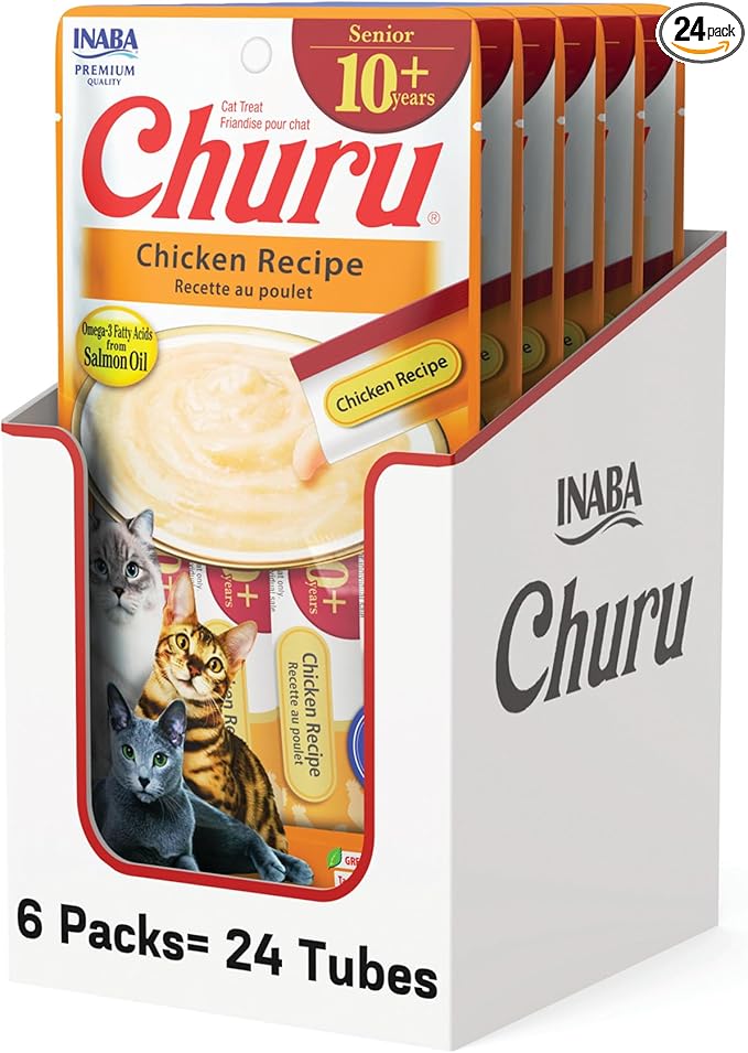 INABA Churu for Senior 10+, Creamy Lickable Cat Treats with Taurine, Vitamin E & C, 0.5 Ounces Each, 24 Tubes (4 per Pack), Chicken Recipe