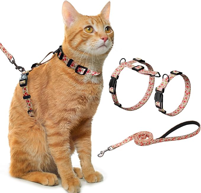 Hikiko Cat Harness and Leash Set Escape Proof Adjustable Walking Travel Cute Kitten Harness for Small Medium Large Cats (Cream Natural, M)