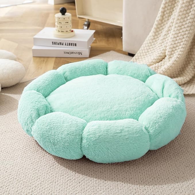 Plush Cat Beds for Indoor,Flower Shape Soft Pet Bed with Anti Slip Bottom,Donut 360 Degree Support Dog Bed for Bedroom Living Room (Blue)