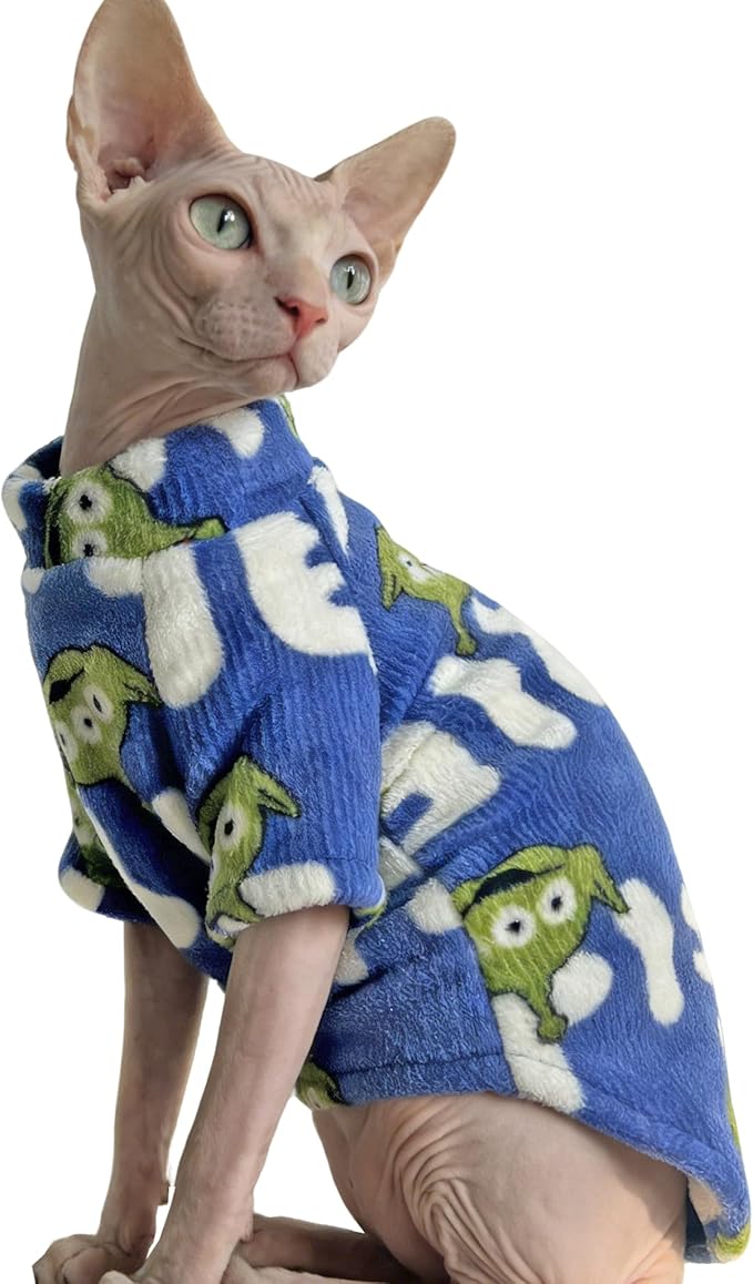 Sphynx Cat Clothes Sweaters for Cats Only, Warm Sphynx Hairless Cat Clothes Shirt,Sphinx Kitten Winter Coat Pet Outfits Costume for Cornish Rex, Devon Rex, Alien Pattern Royal Blue,XL
