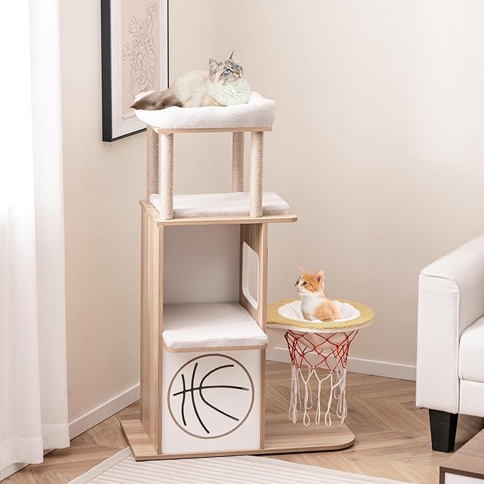 Tangkula Modern Cat Tree, 47 Inch Sports-Themed Cat Tower with Jute Scratching Posts, 2 Cat Condos, Perches, Basketball Hoop Hammock, Removable & Washable Cushions, Multi-Layer Large Wood Cat Tree