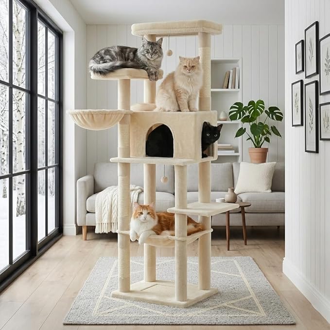 PAWZ Road Large Cat Tree, 73 Inches Tall Cat Tower with 1 Large Padded Perch,2 Spacious Hammocks,8 Long Scratching Posts, XL Plush Cat Condo for Indoor Adult Cats,Beige