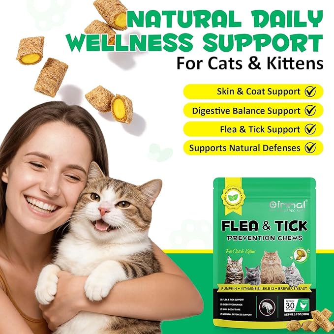 Specifically Formulated for Cats, Chewable Tablets for Cats & Kittens, Daily Support for Flea & Tick Defense, Immune Health & Gut Care, All Breeds & Ages, 30 Chewable Supplements