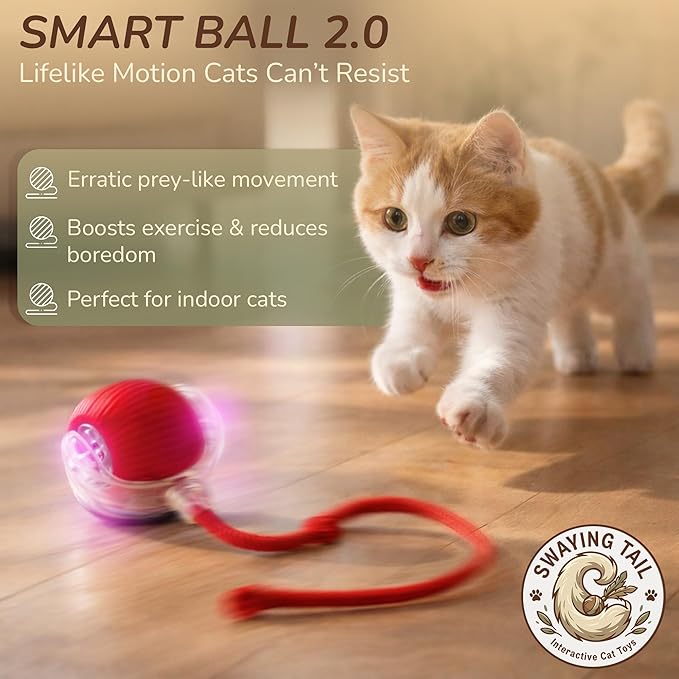 Smart Ball 2.0 - Automatic Cat Toy & Interactive Dog Toys for Small Dogs - Moving Cat Toy Ball for Indoor Cats - Motion Activated, Light Up, USB-C Rechargeable Pet Toy, 2 Speed Modes [Red]