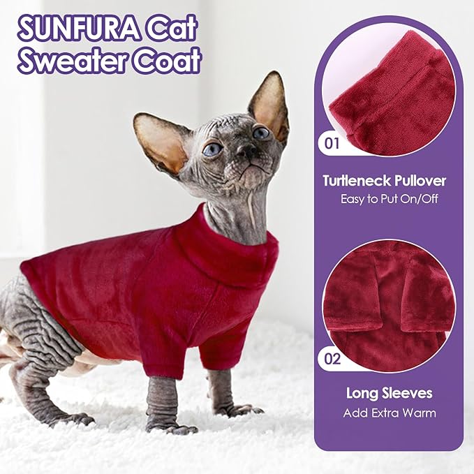 Turtleneck Sweater Coat for Cat, Sphynx Clothes Pajamas for Cats Only, Kitten Fleece Pullover Sweaters with Sleeves, Pet Warm Jumpsuit Sweatshirt for Cold Weather, Burgundy XL