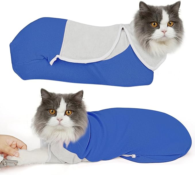 Cat Wrap for Cutting Nails, Self-Adhesive Cat Nail Clipping Restraint Bag, Anti-Scratch Cat Grooming Wrap Swaddle for Meds, SubQ Fluids, Ear Cleaning, Teeth Brushing & Vet Visits,Blue,S