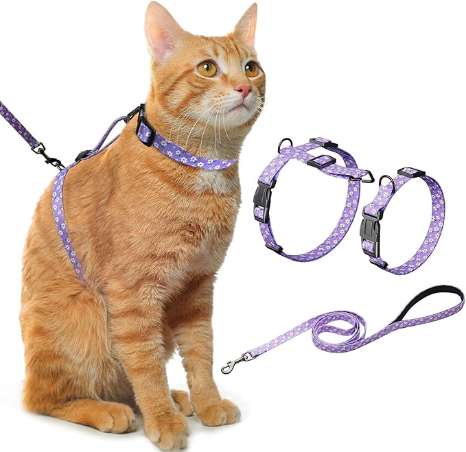 Hikiko Cat Harness and Leash Set Escape Proof Adjustable Walking Travel Cute Girl Kitten Harness for Small Medium Large Cats (Purple Floral, S)