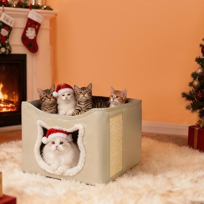 Cat Beds for Indoor Cats, Large Cat Houses with Cozy Condo,with Premium Tech Fabric& Scratch Pad, Round Window, Foldable Indoor Cat House Hold Up to 30LBS, with Reversible Cushion for Multi Small Pet