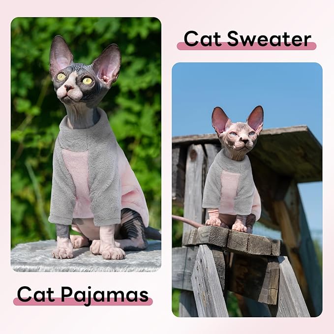 T'CHAQUE Sphynx Cat Clothes, Soft Fleece Sweaters for Hairless Cats, Pajamas With Sleeves, Winter Warm Outfit Onesie Jumpsuit Hoodie for Kittens