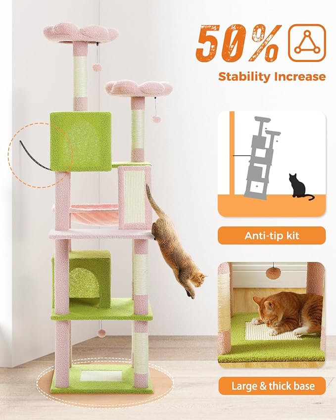 MUTTROS Flower Cat Tree, 70.9" Tall Tree for Indoor Cats, Large Tree for Large Cats, Multi-Level Tower with 6 Scratching Posts, 2 Condos, 2 Perches, Hammock, Pompoms, Pink